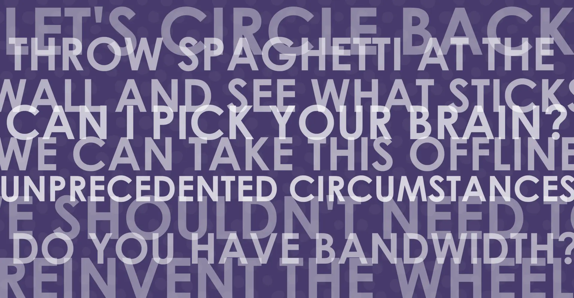 Several office jargon phrases overlap on a purple background. They contain, "circle back," "pick your battles," and more.