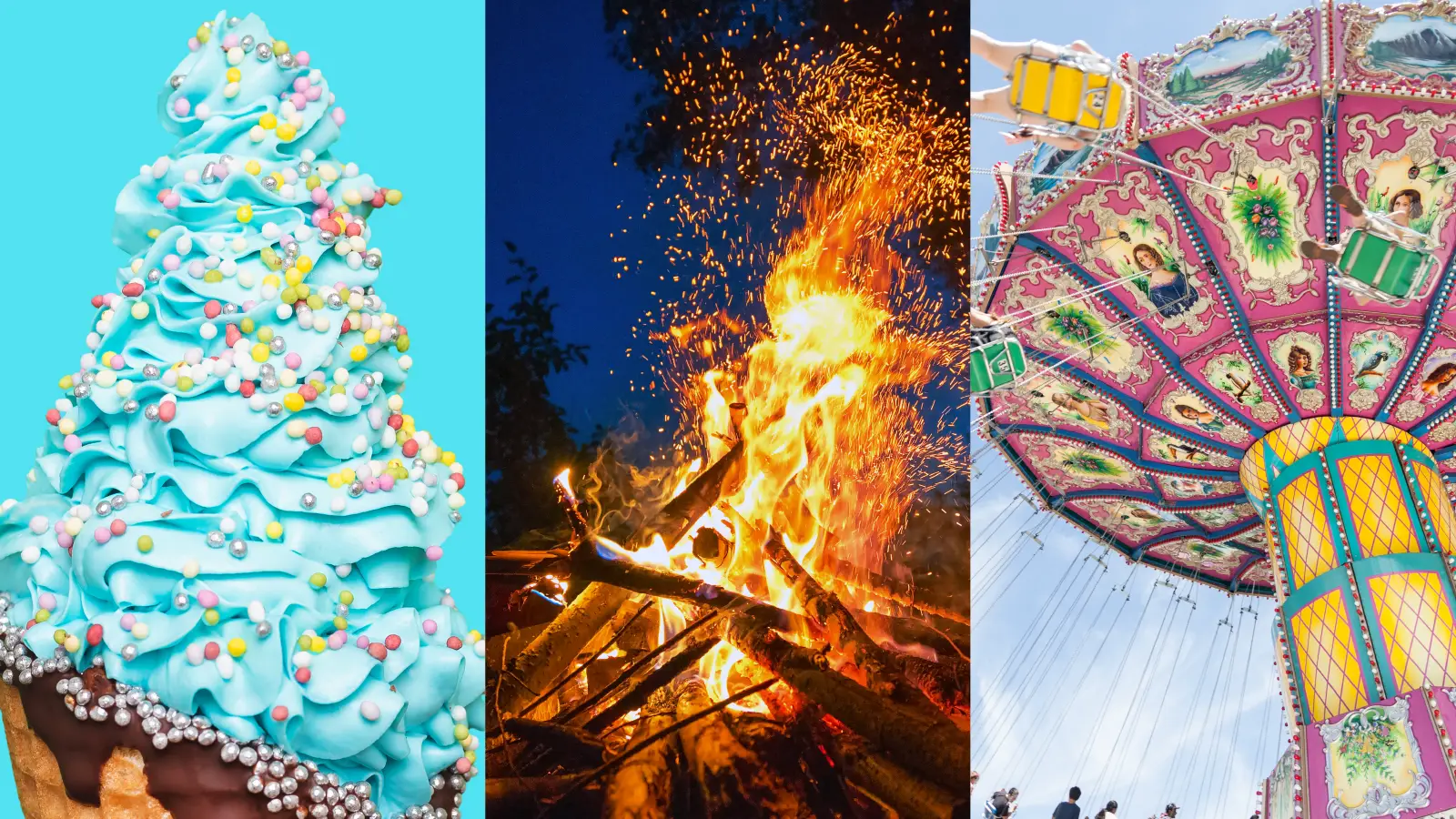 An ice cream cone, a carnival swing ride, and a bonfire