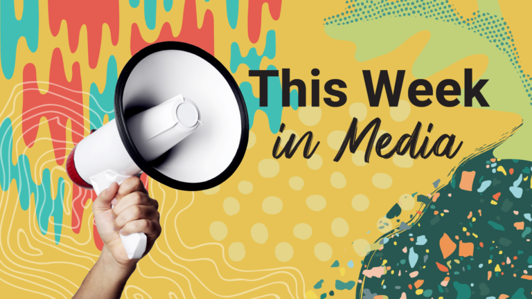 A person holds up a megaphone. Text next to it reads, "This week in media."