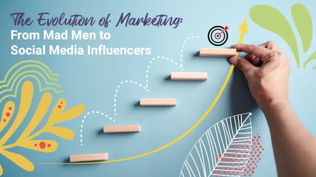 A ball bounces up several platforms "The Evolution of Marketing From Mad Men to Social Media Influencers"