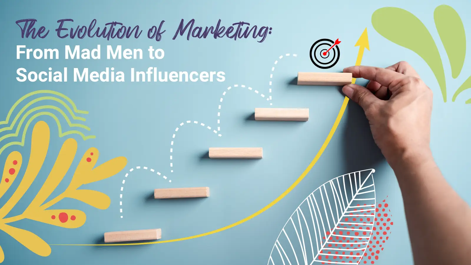 A ball bounces up several platforms "The Evolution of Marketing From Mad Men to Social Media Influencers"
