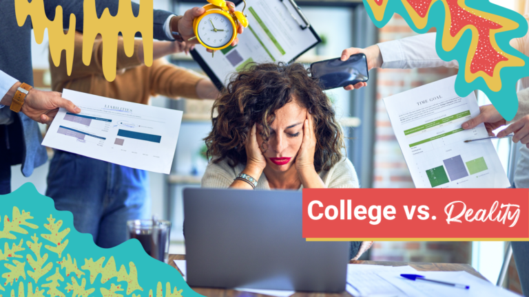 A woman stares at a laptop while resting her head in her hands. Text reads, "College vs. Reality."