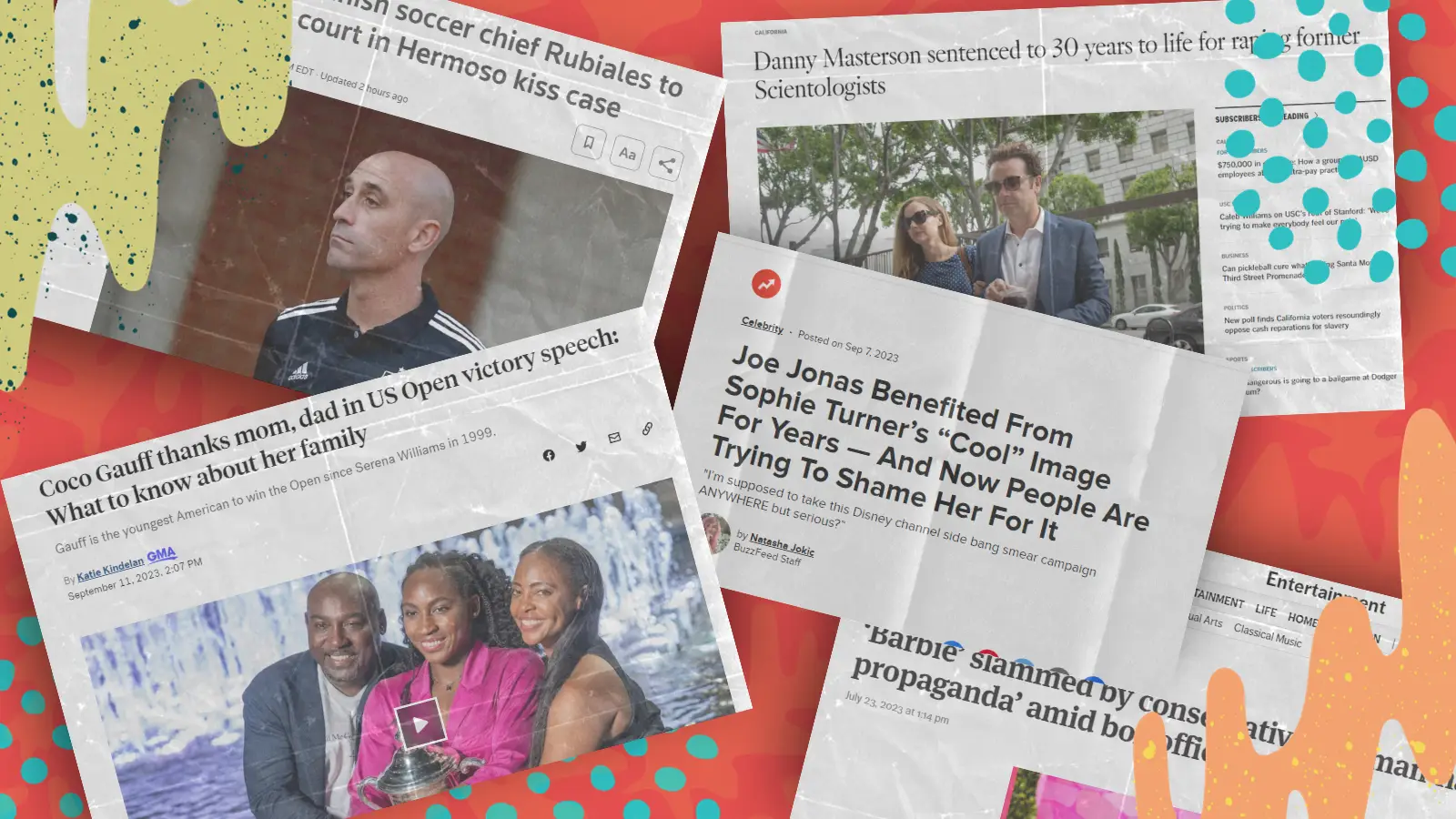 Scattered headlines discuss Hermoso, Coco Gauff, Sophie Turner, Barbie, and Dannie Masterson.