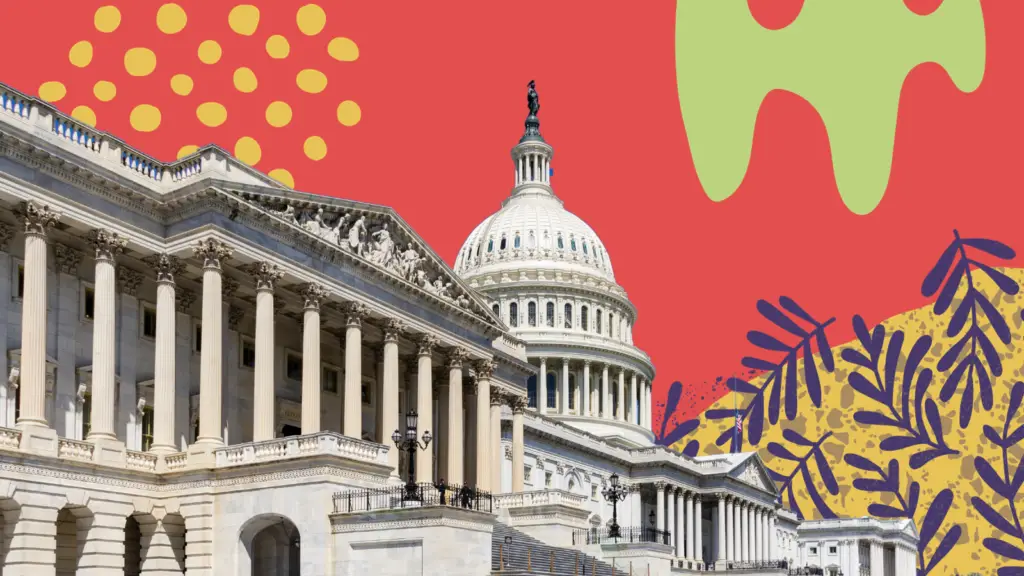 The U.S. capitol building framed by a red background