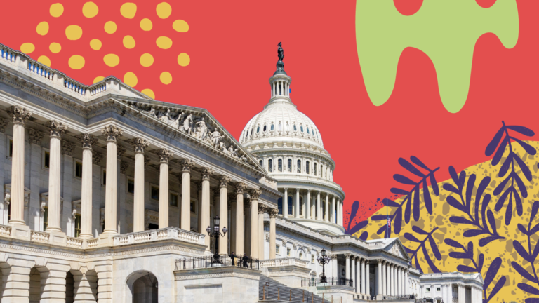 The U.S. capitol building framed by a red background