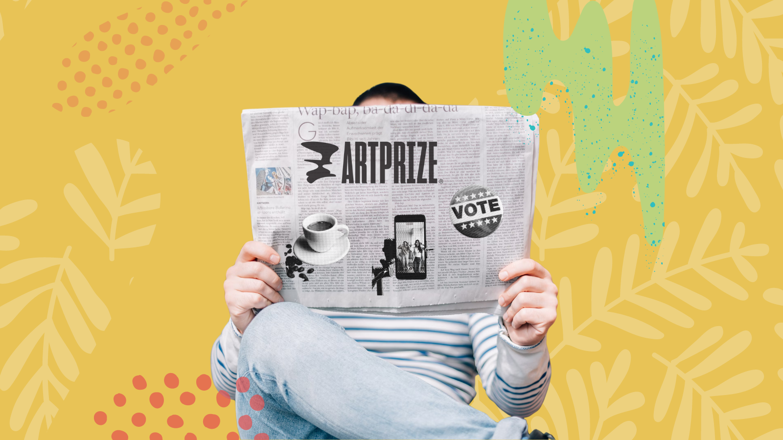 A person reads a newspaper that features ArtPrize, a voting badge, coffee, and more.