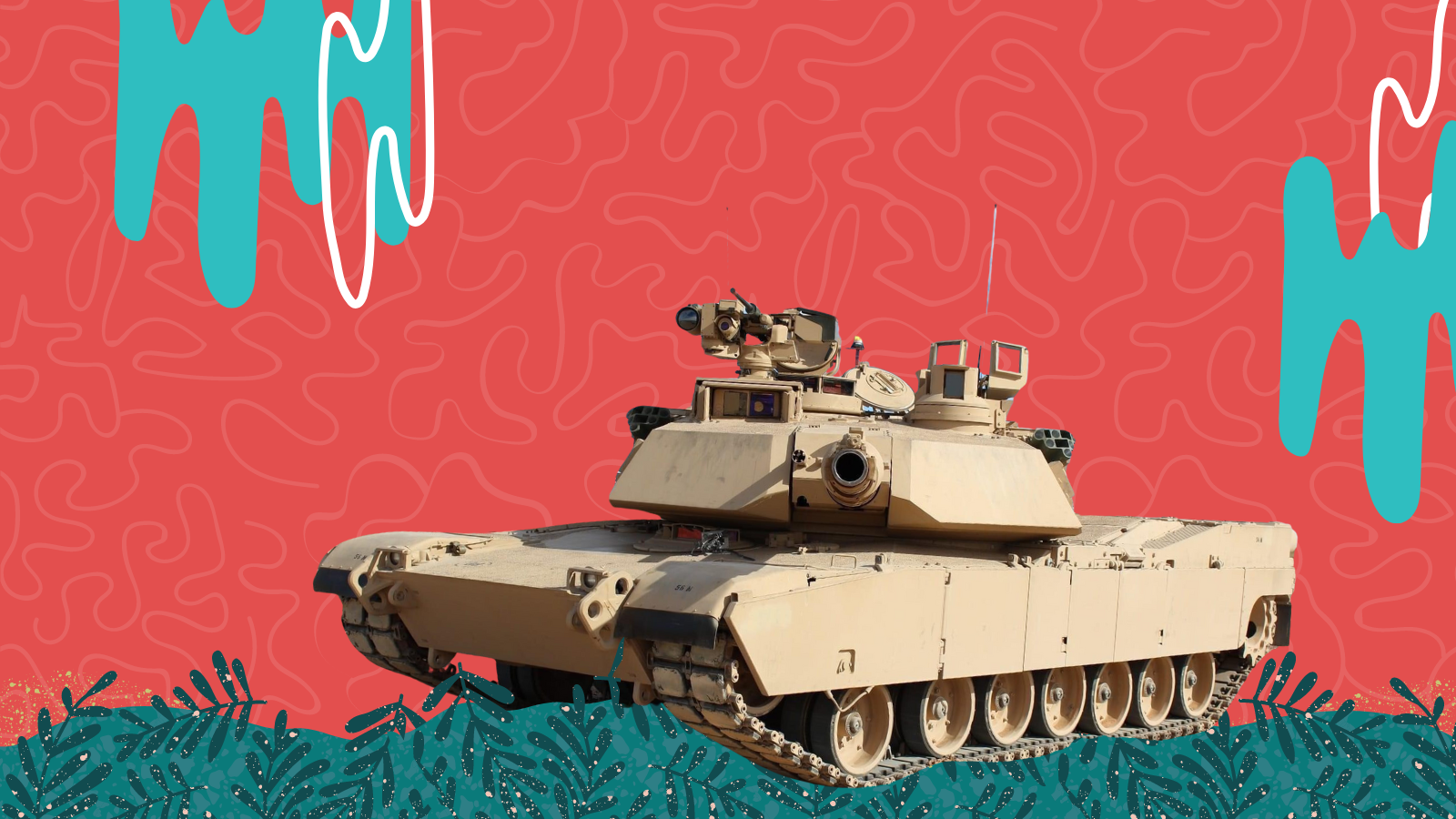 An Abrams tank against a red background