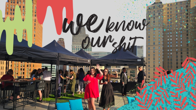 Kim Bode poses with Sue Tellier at a PR event. Above them reads, "We know our shit."