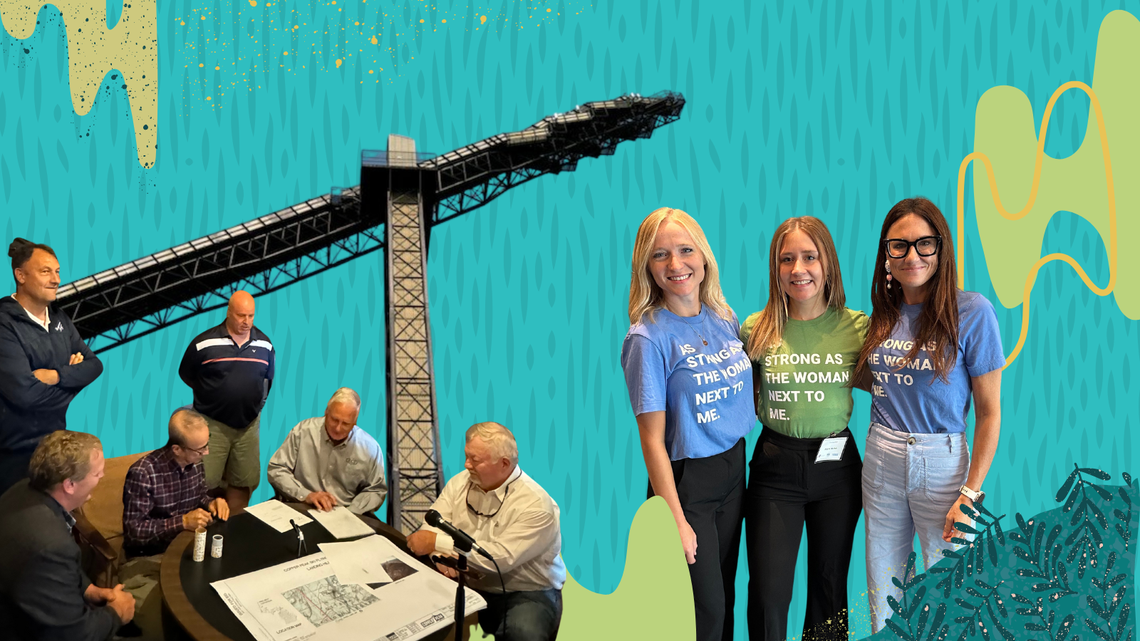 Maddie, Alayna, and Kim pose at ChallengeHER. Behind them, the Copper Peak ski jump is flanked by the signing of the new contract.