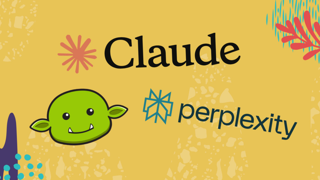 A yellow background horizontal photo with brand logos for AI tools like Claude, Perplexity and Goblin.Tools