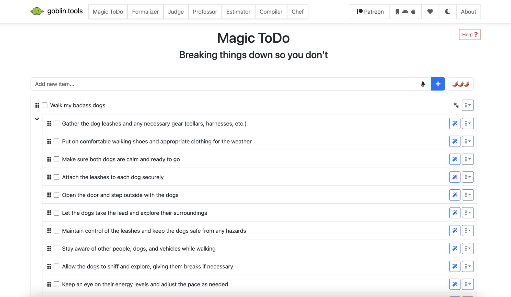 Screenshot showcasing how Goblin.Tools works for a user on desktop.