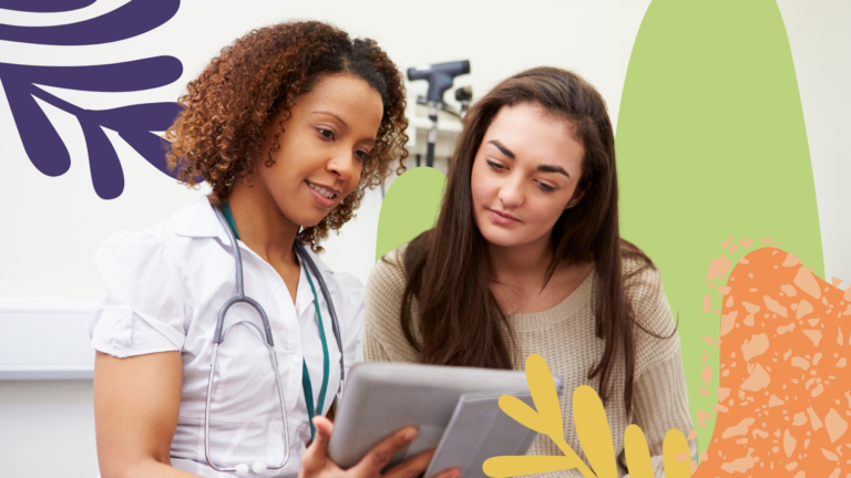 Two women reviewing medical records. The woman doctor is on the left, and the woman patient is on the right.