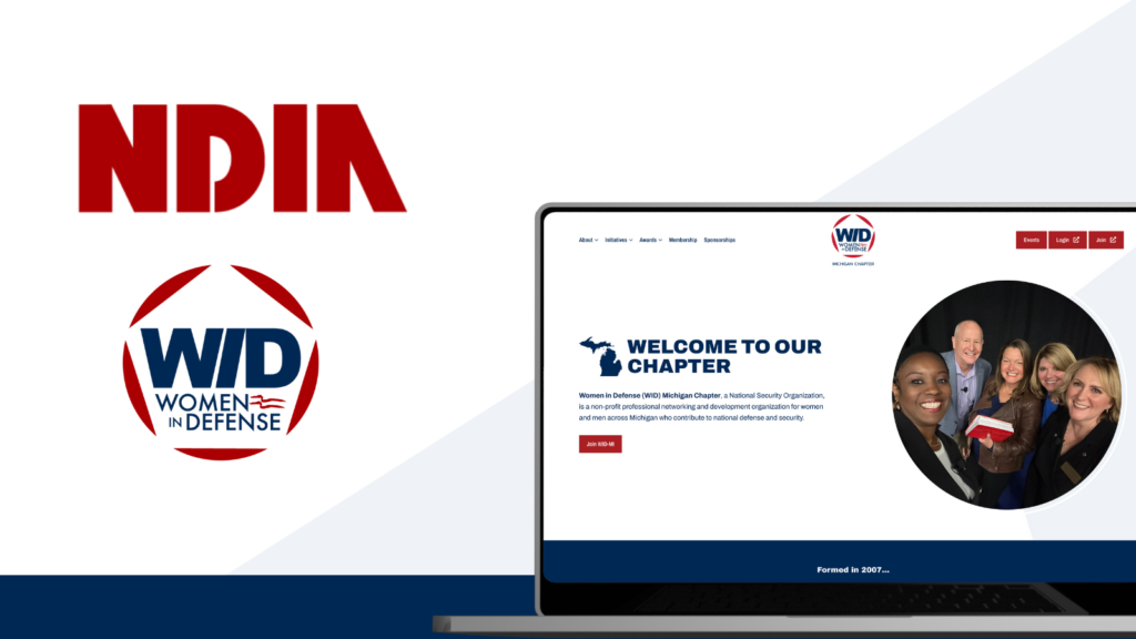 The NDIA and WID logos float next to the home page of the WID Michigan website.