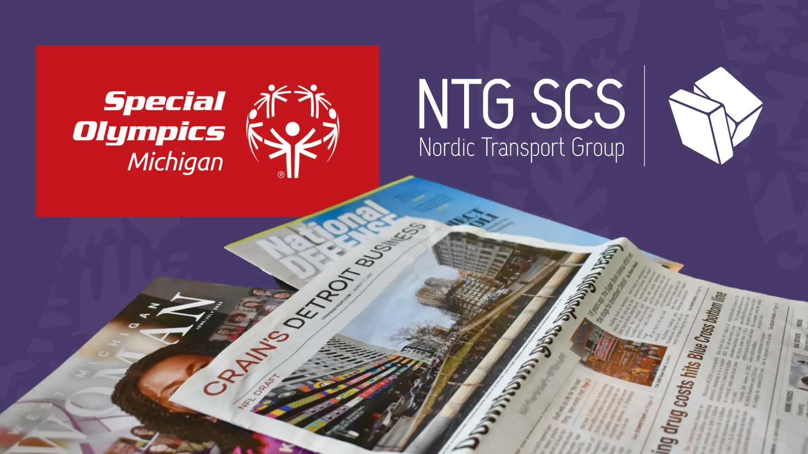 Magazines surround the logos of Special Olympics Michigan and NTG SCS
