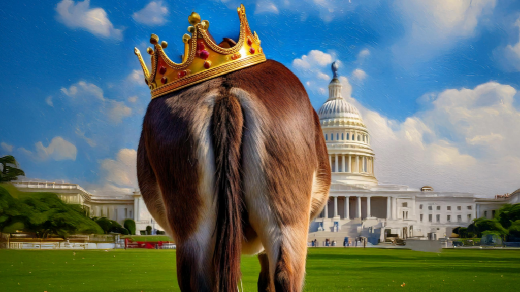 A crown on a donkey's ass in front of the White House