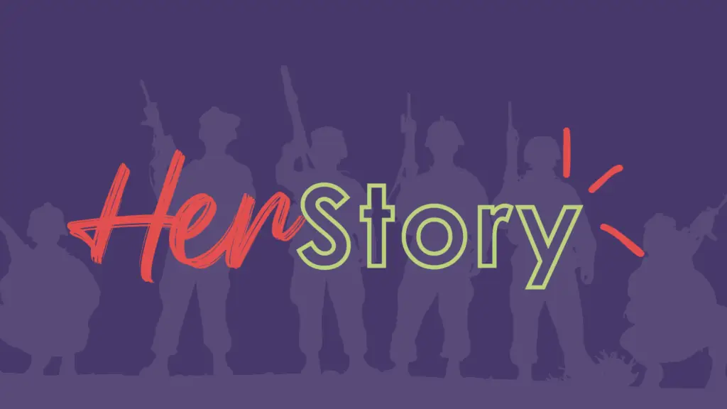 The words Her Story are superimposed over veteran silhouettes.