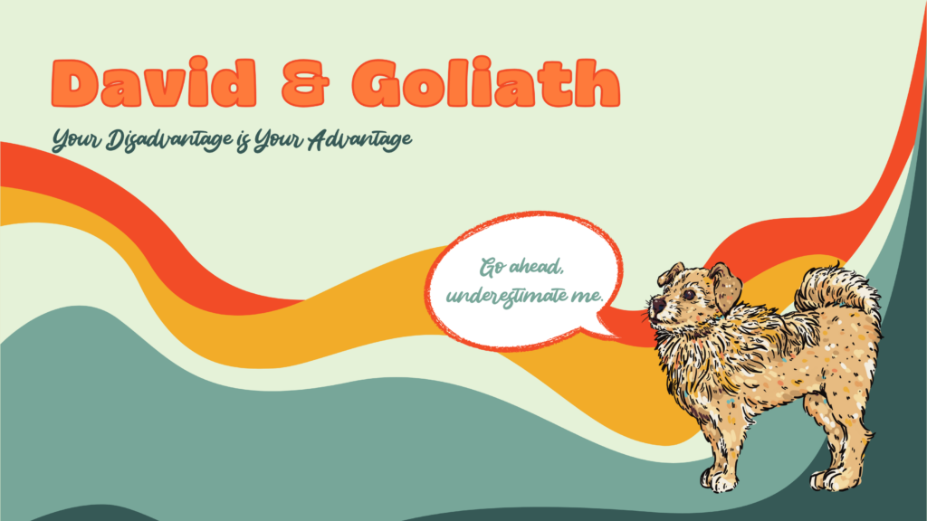 david and goliath with a dog over a rainbow background