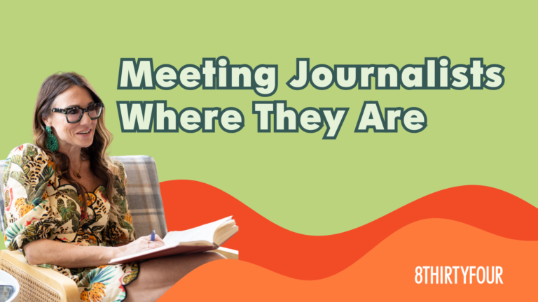 Kim Bode speaks while reading a book. Text by her reads, "Meeting journalists where they are."