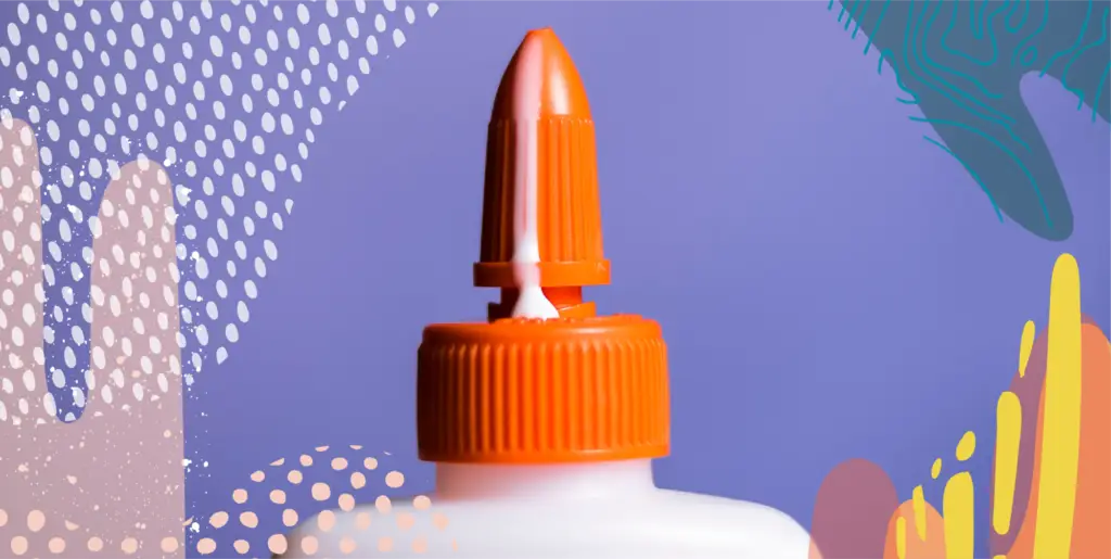 This week in media picture of a glue bottle with glue dripping from the top. The background is purple with colorful swatches on the sides.