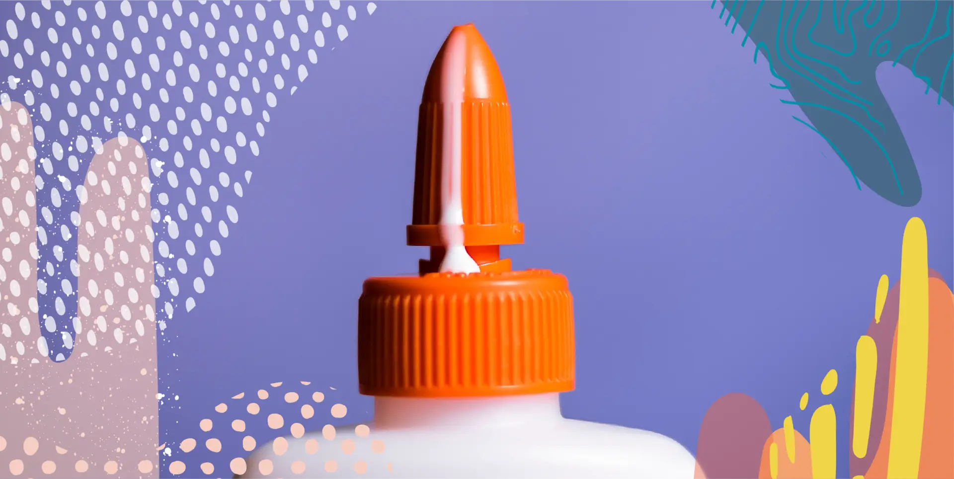 This week in media picture of a glue bottle with glue dripping from the top. The background is purple with colorful swatches on the sides.