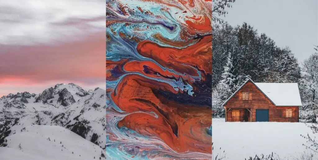 Winter color palettes with a cabin in the woods on the right. In the middle there is a picture of brown, blue, and navy blue mixed together. On the left there is a picture of the mountain with a pastel pink sky in the background.