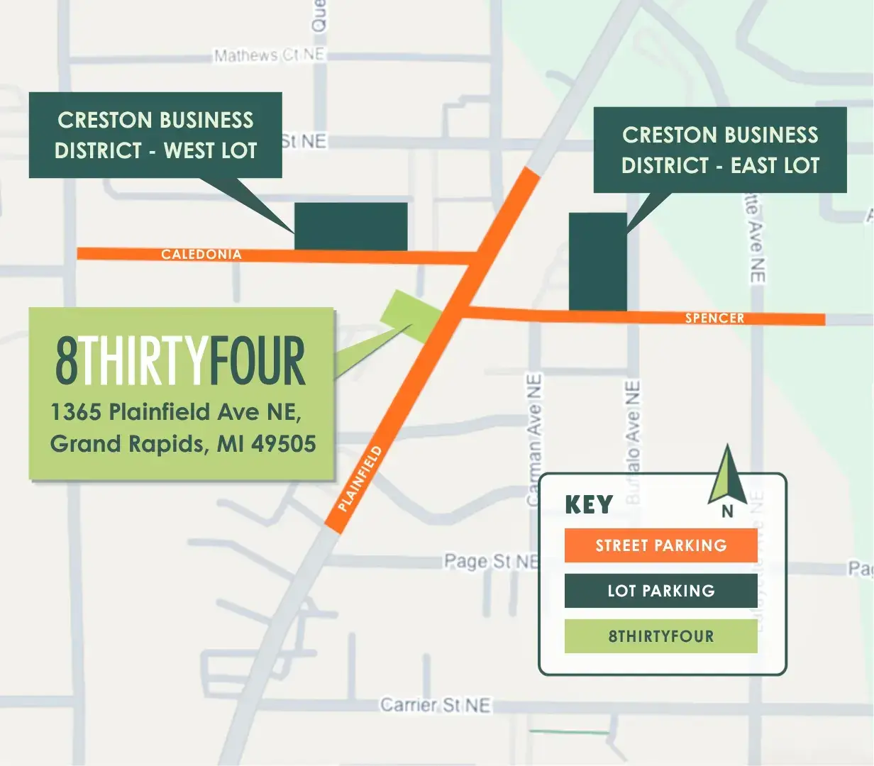 8THIRTYFOUR is at the crossroads of Plainfield and Spencer in Grand Rapids. There is free parking at Creston Business District East and West lots, along with street parking along Spencer, Caledonia, and Plainfield.