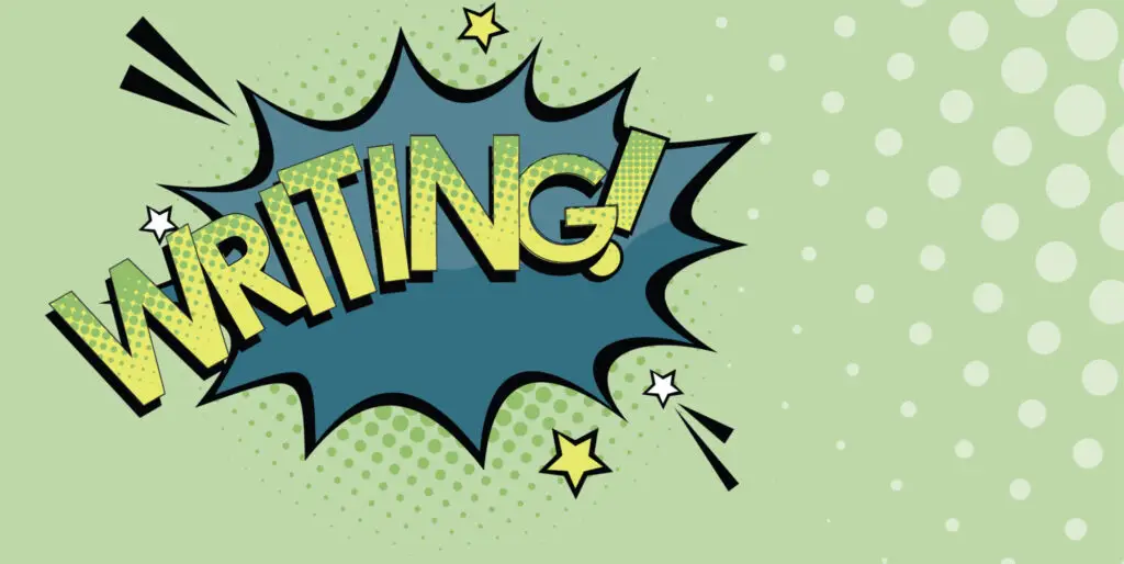 Writing in big yellow and green letters. Writing is in a blue callout box with yellow and white stars surrounding it. The background is light green with light green dots on the right side of the image.