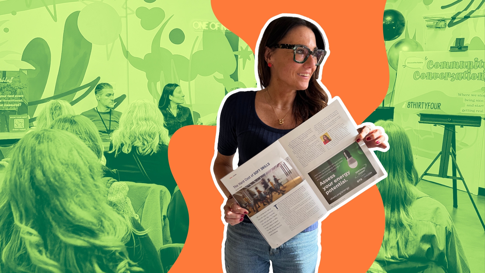 Kim Bode holds up her feature in Focus Magazine. She's superimposed over the first Uncomfortable Conversations event.