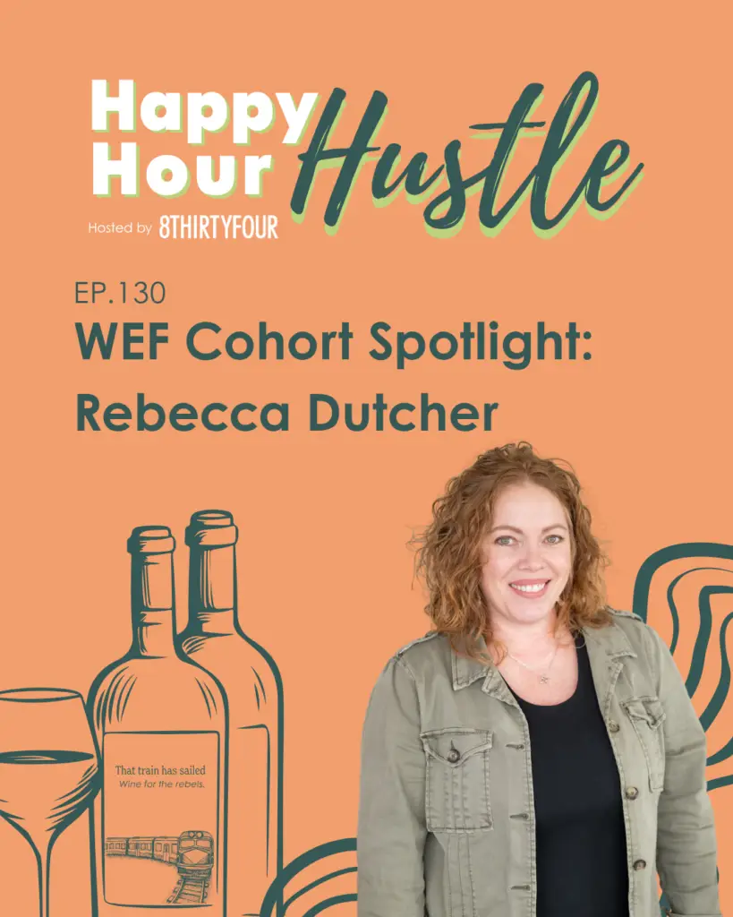 text saying happy hour hustle WEF Cohort Spotlight: Rebecca Dutcher with wine bottles and a woman smiling