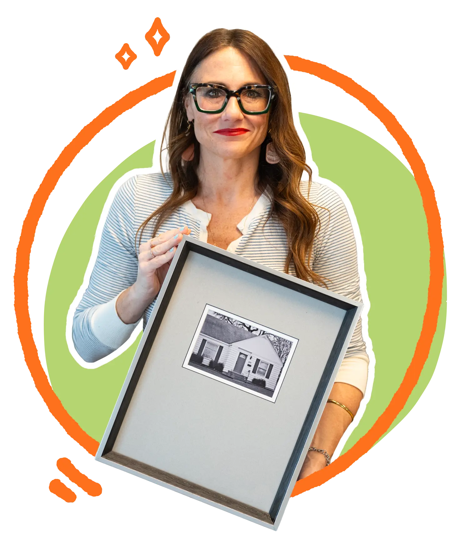 Kim Bode poses with a photo of her house at 834 Buffalo, which she named 8THIRTYFOUR after.