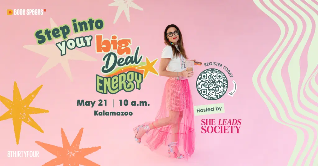 Kim Bode poses next to "Step into your Big Deal Energy, hosted by She Leads Society on May 21 at 10 a.m. in Kalamazoo."