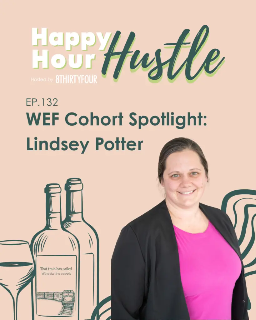 Happy Hour Hustle. WEF Cohort Spotlight Lindsey Potter Potter with a woman smiling next to a cartoon bottle of wine and glass of wine