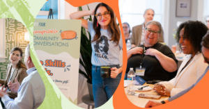 people talking and laughing at an event at the 8THIRTYFOUR learning hub on a green and orange background