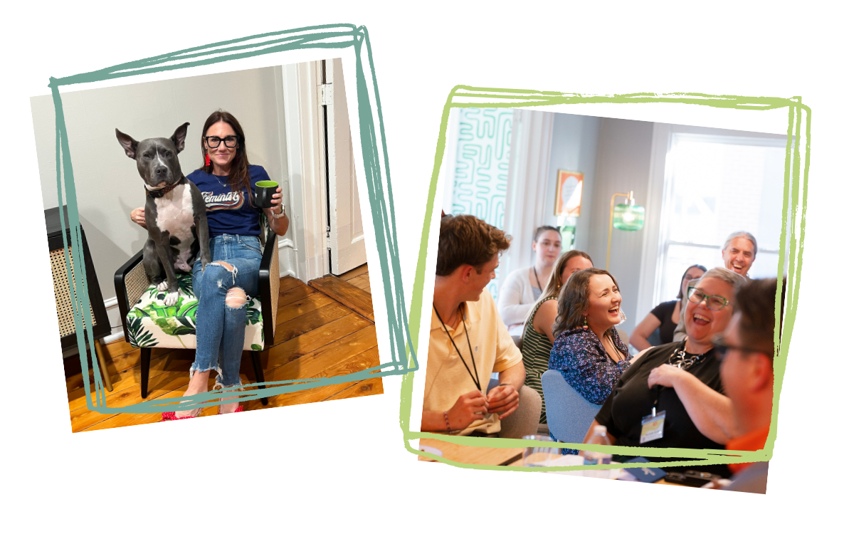 Two photos side-by-side. One photo of Kim sitting in a chair with a dog. The second photo features people laughing in an office.