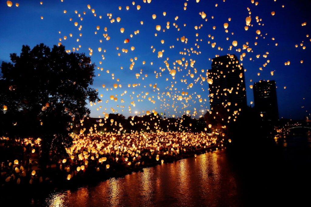 Chinese lanterns floating over the Grand River in Grand Rapids, Michigan