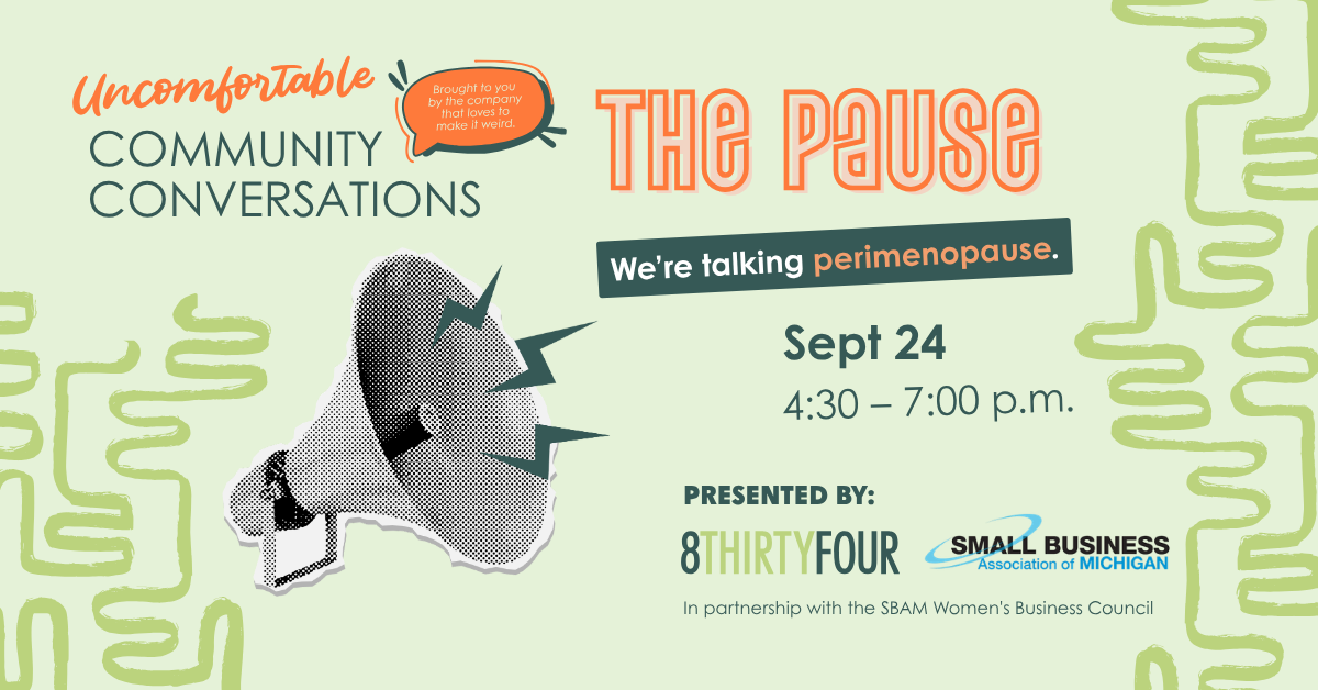 A graphic promoting Uncomfortable Conversations Event on Perimenopause in Grand Rapids Michigan