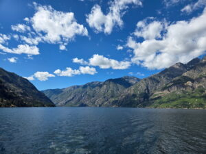 Lake with mountains in the background in